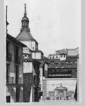 Arte original de Madrid: dibujo a carboncillo — Costanilla de San Andrés II, de Mario Jodra, perteneciente a la serie Viejo Madrid. Obra fechada y firmada a mano.