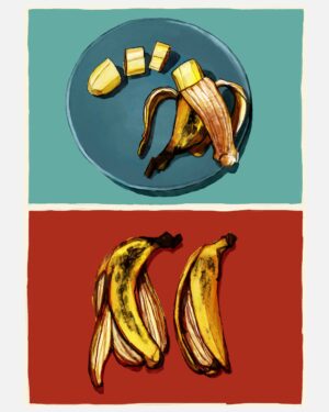 Plátanos heridos – Print A3 de Mario Jodra. Impresión HP Indigo en papel offset blanco de 300 g. Edición artística de calidad. Venta directa del artista.