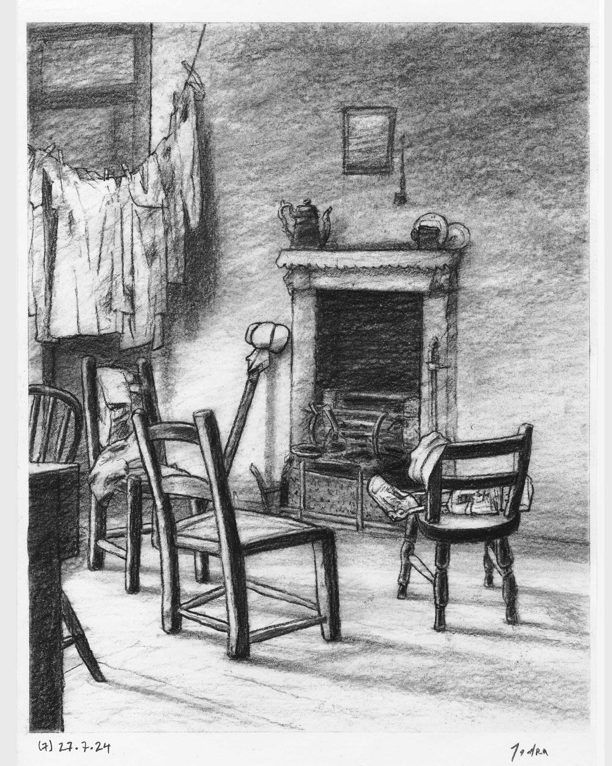 Cuento de Navidad de Dickens: dibujo a carboncillo — Objetos del pequeño Tim de Mario Jodra. Ilustración del libro Canción de Navidad de Edelvives. Obra fechada y firmada a mano.