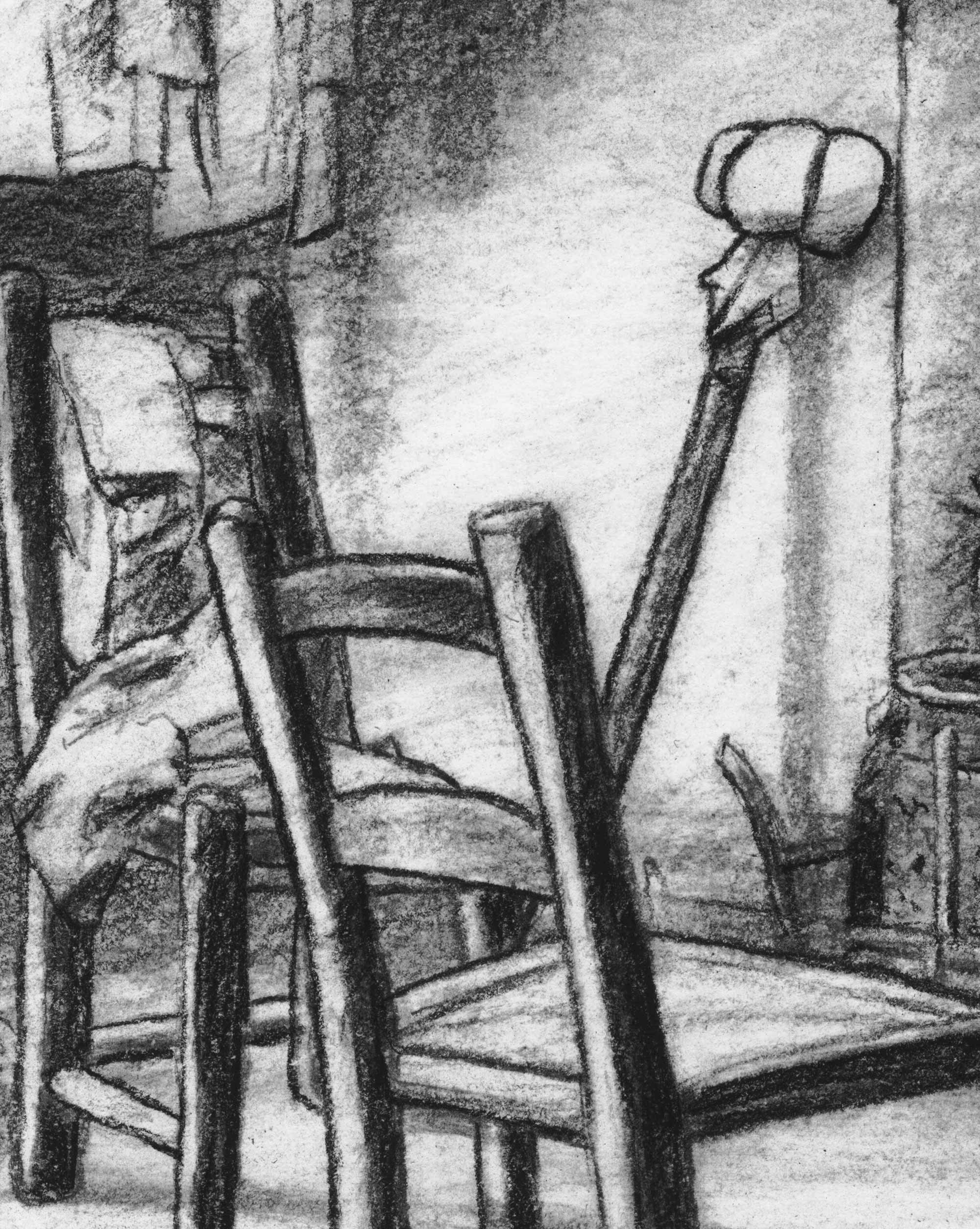 Cuento de Navidad de Dickens: dibujo a carboncillo — Objetos del pequeño Tim de Mario Jodra. Ilustración del libro Canción de Navidad de Edelvives. Obra fechada y firmada a mano.