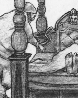 Cuento de Navidad de Dickens: dibujo a carboncillo — El cadáver de Ebenezer Scrooge de Mario Jodra. Ilustración del libro Canción de Navidad de Edelvives. Obra fechada y firmada a mano.