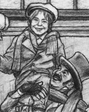 Cuento de Navidad de Dickens: dibujo a carboncillo — Bob Cratchit y el pequeño Tim de Mario Jodra. Ilustración del libro Canción de Navidad de Edelvives. Obra fechada y firmada a mano.
