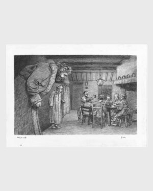 Cuento de Navidad de Dickens: dibujo a carboncillo — El brindis de Bob Cratchit de Mario Jodra. Ilustración del libro Canción de Navidad de Edelvives. Obra fechada y firmada a mano.