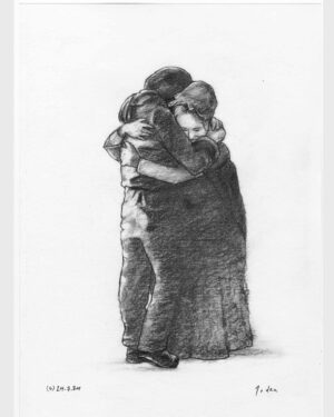 Cuento de Navidad de Dickens: dibujo a carboncillo — El abrazo de Ebenezer Scrooge y su hermana de Mario Jodra. Ilustración del libro Canción de Navidad de Edelvives. Obra fechada y firmada a mano.