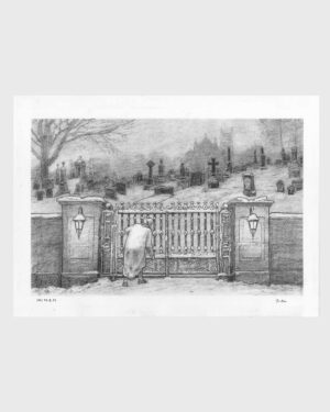 Cuento de Navidad de Dickens: dibujo a carboncillo — Ebenezer Scrooge ante su tumba de Mario Jodra. Ilustración del libro Canción de Navidad de Edelvives. Obra fechada y firmada a mano.