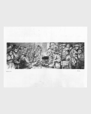 Cuento de Navidad de Dickens: dibujo a carboncillo — Muchedumbre frente al brasero de Mario Jodra. Ilustración del libro Canción de Navidad de Edelvives. Obra fechada y firmada a mano.