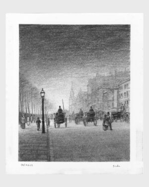 Cuento de Navidad de Dickens: dibujo a carboncillo — Carros entre la niebla de Londres (Portada) de Mario Jodra. Ilustración del libro Canción de Navidad de Edelvives. Obra fechada y firmada a mano.
