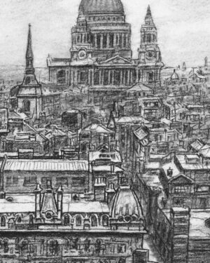Cuento de Navidad de Dickens: dibujo a carboncillo — Vista aérea de Londres de Mario Jodra. Ilustración del libro Canción de Navidad de Edelvives. Obra fechada y firmada a mano.