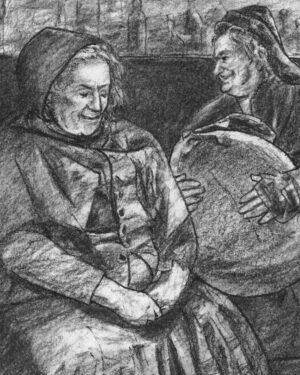Este dibujo representa la escena en la que una asistenta, una lavandera y el hombre del enterrador llegan con objetos robados de la casa de Ebenezer Scrooge tras su muerte, para venderlos a Old Joe, un comerciante de objetos usados y receptor de bienes robados. Entre los objetos aparece la gran pieza de cortinas de la cama de Ebenezer Scrooge, que la asistenta ha arrancado junto con sus anillas mientras el cadáver yacía en ella. La escena pertenece a la cuarta estrofa de Cuento de Navidad y muestra el saqueo del hombre muerto, un episodio inmediatamente posterior a la visión de su cadáver y una de las representaciones más sombrías de las consecuencias de la vida de Ebenezer Scrooge.