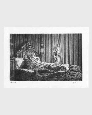 Cuento de Navidad de Dickens: dibujo a carboncillo — La aparición del Fantasma de las Navidades Pasadas de Mario Jodra. Ilustración del libro Canción de Navidad de Edelvives. Obra fechada y firmada a mano.