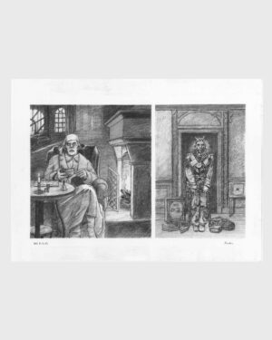 Cuento de Navidad de Dickens: dibujo a carboncillo — Aparición de Jacob Marley a Ebenezer Scrooge de Mario Jodra. Ilustración del libro Canción de Navidad de Edelvives. Obra fechada y firmada a mano.
