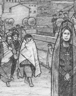 Arte original de Madrid: dibujo a carboncillo — La Procesión del Harapo en puente de Segovia, de Mario Jodra, perteneciente a la serie Viejo Madrid. Obra fechada y firmada a mano.