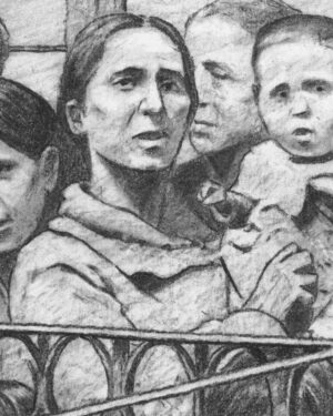 Arte original de Madrid: dibujo a carboncillo — Vecinos en una corrala del Ventorrillo, de Mario Jodra, perteneciente a la serie Viejo Madrid. Obra fechada y firmada a mano.