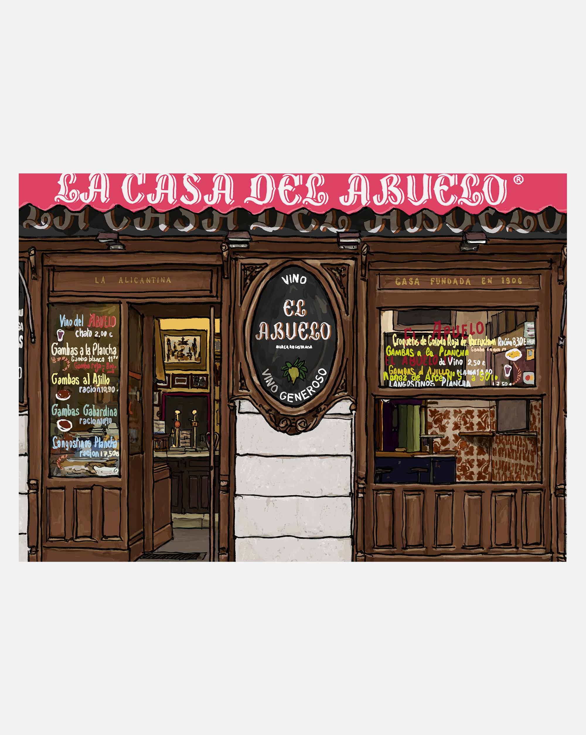 Taberna La Casa del Abuelo – A3 art print by Mario Jodra, printed on 300g white offset paper with HP Indigo. Buy directly from the artist.