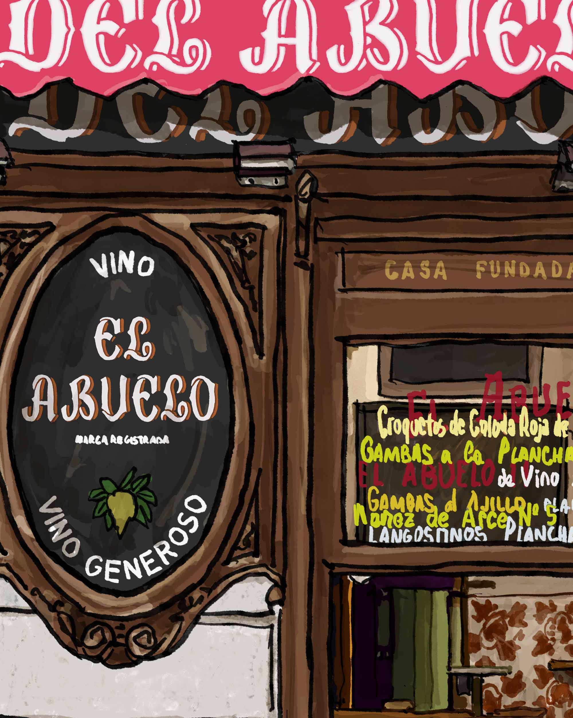 Taberna La Casa del Abuelo – A3 art print by Mario Jodra, printed on 300g white offset paper with HP Indigo. Buy directly from the artist.