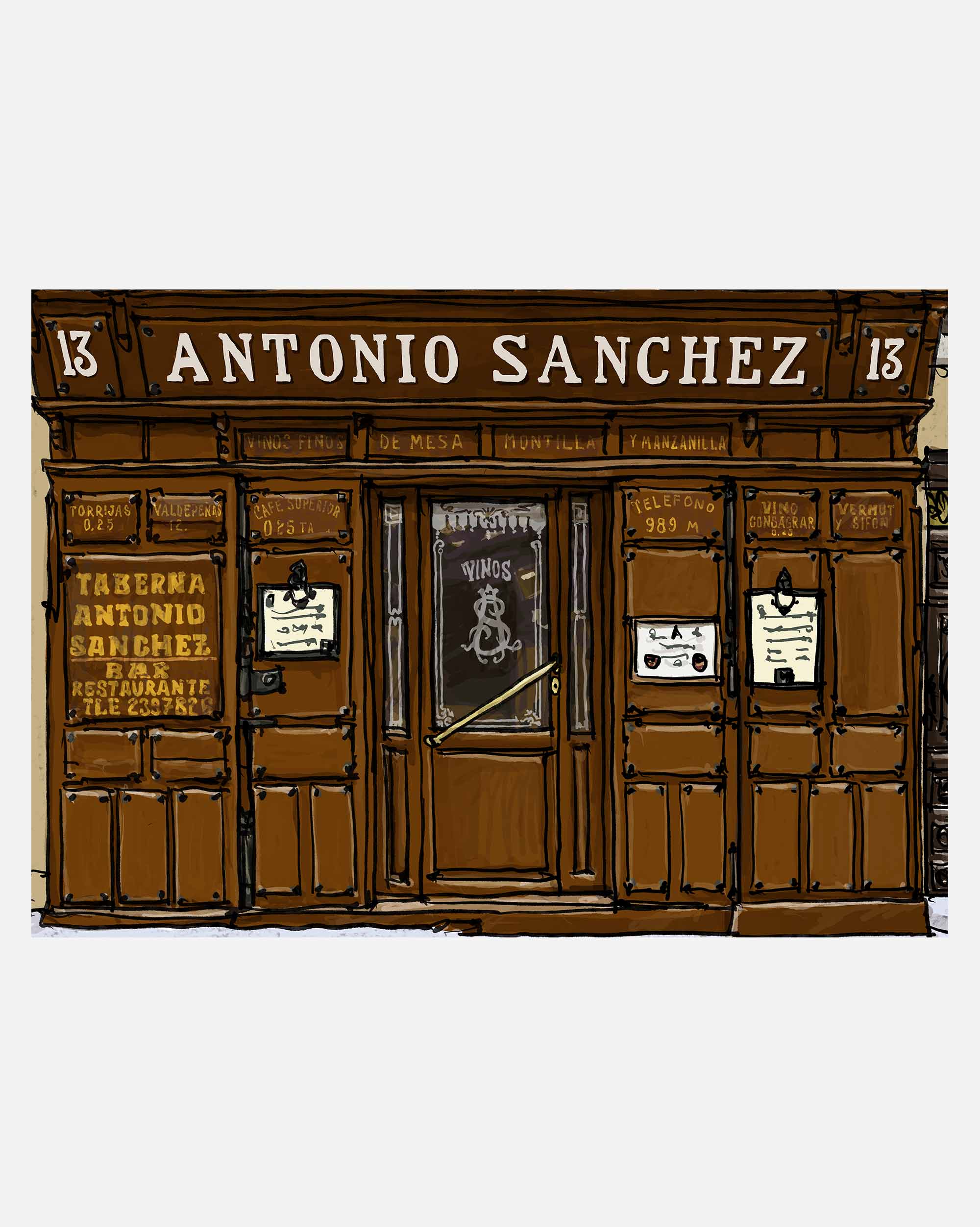 Taberna Antonio Sánchez – A3 art print by Mario Jodra, printed on 300g white offset paper with HP Indigo. Buy directly from the artist.
