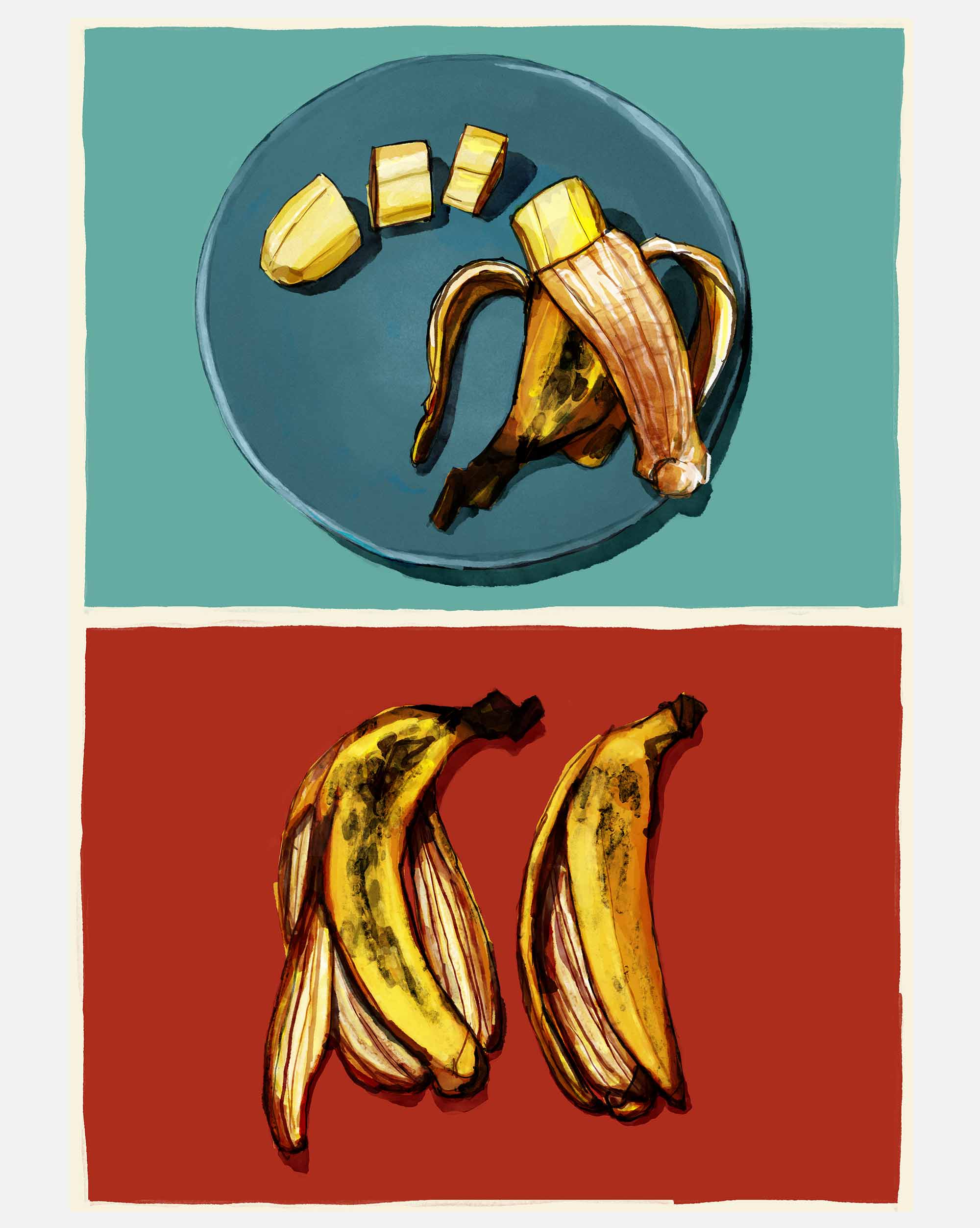 Wounded Bananas – Print A3 de Mario Jodra. Impresión HP Indigo en papel offset blanco de 300 g. Edición artística de calidad. Venta directa del artista.
