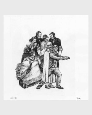 A Christmas Carol by Dickens: Charcoal drawing — Blind Man's Buff by Mario Jodra, from the illustrated edition of Edelvives. Dated and signed by hand.
