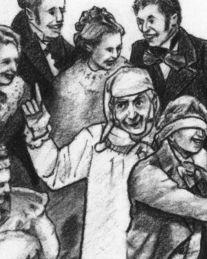 A Christmas Carol by Dickens: Charcoal drawing — Blind Man's Buff by Mario Jodra, from the illustrated edition of Edelvives. Dated and signed by hand.