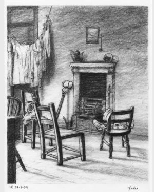 A Christmas Carol by Dickens: Charcoal drawing — Tiny Tim's Belongings by Mario Jodra, from the illustrated edition of Edelvives. Dated and signed by hand.