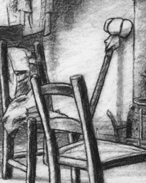 A Christmas Carol by Dickens: Charcoal drawing — Tiny Tim's Belongings by Mario Jodra, from the illustrated edition of Edelvives. Dated and signed by hand.