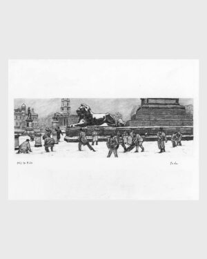 A Christmas Carol by Dickens: Charcoal drawing — Snowball Fight in Trafalgar Square by Mario Jodra, from the illustrated edition of Edelvives. Dated and signed by hand.