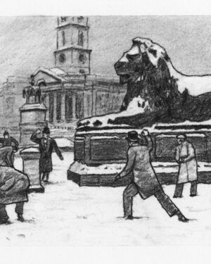 A Christmas Carol by Dickens: Charcoal drawing — Snowball Fight in Trafalgar Square by Mario Jodra, from the illustrated edition of Edelvives. Dated and signed by hand.