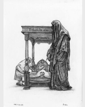 A Christmas Carol by Dickens: Charcoal drawing — Ebenezer Scrooge's Corpse by Mario Jodra, from the illustrated edition of Edelvives. Dated and signed by hand.