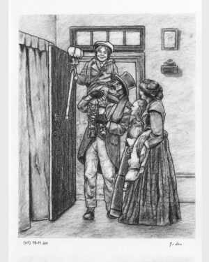 A Christmas Carol by Dickens: Charcoal drawing — Bob Cratchit and Tiny Tim by Mario Jodra, from the illustrated edition of Edelvives. Dated and signed by hand.