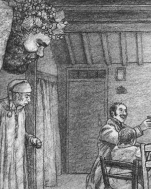 A Christmas Carol by Dickens: Charcoal drawing — Bob Cratchit's Toast by Mario Jodra, from the illustrated edition of Edelvives. Dated and signed by hand.