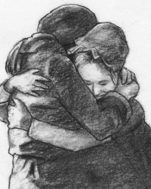 A Christmas Carol by Dickens: Charcoal drawing — Ebenezer Scrooge and His Sister's Embrace by Mario Jodra, from the illustrated edition of Edelvives. Dated and signed by hand.