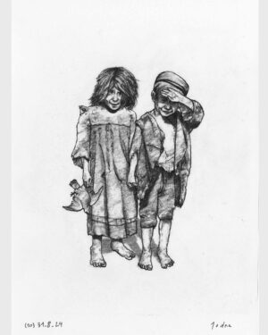 A Christmas Carol by Dickens: Charcoal drawing — Ignorance and Want by Mario Jodra, from the illustrated edition of Edelvives. Dated and signed by hand.