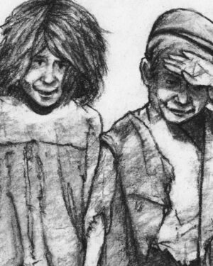 A Christmas Carol by Dickens: Charcoal drawing — Ignorance and Want by Mario Jodra, from the illustrated edition of Edelvives. Dated and signed by hand.