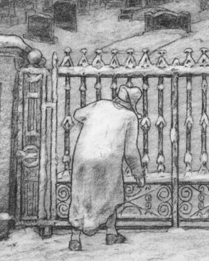 A Christmas Carol by Dickens: Charcoal drawing — Ebenezer Scrooge Before His Grave by Mario Jodra, from the illustrated edition of Edelvives. Dated and signed by hand.