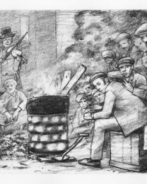 A Christmas Carol by Dickens: Charcoal drawing — Crowd Around the Brazier by Mario Jodra, from the illustrated edition of Edelvives. Dated and signed by hand.
