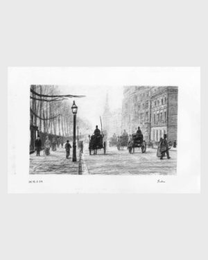 A Christmas Carol by Dickens: Charcoal drawing — Carriages in the London Fog by Mario Jodra, from the illustrated edition of Edelvives. Dated and signed by hand.