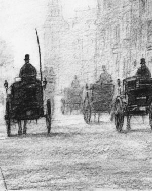 A Christmas Carol by Dickens: Charcoal drawing — Carriages in the London Fog by Mario Jodra, from the illustrated edition of Edelvives. Dated and signed by hand.