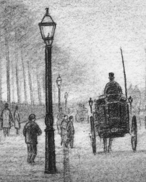 A Christmas Carol by Dickens: Charcoal drawing — Carriages in the London Fog (Cover) by Mario Jodra, from the illustrated edition of Edelvives. Dated and signed by hand.