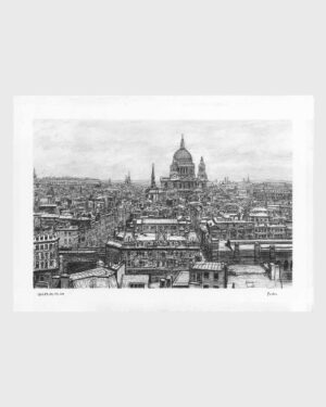 A Christmas Carol by Dickens: Charcoal drawing — Aerial View of London by Mario Jodra, from the illustrated edition of Edelvives. Dated and signed by hand.