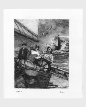A Christmas Carol by Dickens: Charcoal drawing — Carols at the Lighthouse and Out at Sea by Mario Jodra, from the illustrated edition of Edelvives. Dated and signed by hand.