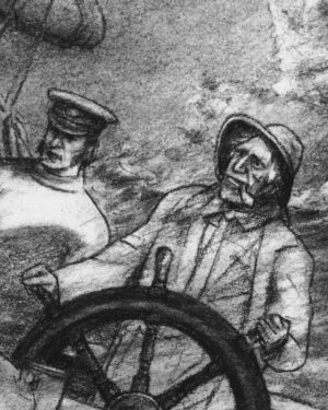 A Christmas Carol by Dickens: Charcoal drawing — Carols at the Lighthouse and Out at Sea by Mario Jodra, from the illustrated edition of Edelvives. Dated and signed by hand.