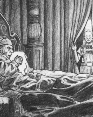 A Christmas Carol by Dickens: Charcoal drawing — The Appearance of the Ghost of Christmas Past by Mario Jodra, from the illustrated edition of Edelvives. Dated and signed by hand.