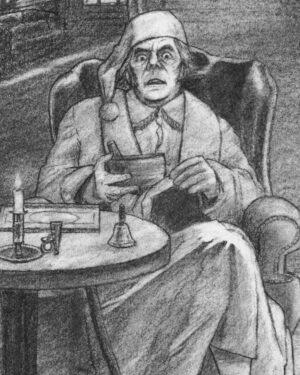 A Christmas Carol by Dickens: Charcoal drawing — The Appearance of the Ghost of Christmas Past by Mario Jodra, from the illustrated edition of Edelvives. Dated and signed by hand.