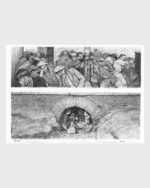 Madrid original art: Charcoal drawing. Sleep-Café and Children Sheltering from bombing by Mario Jodra, from the Viejo Madrid series. Signed, with Certificate of Authenticity.