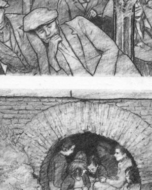 Madrid original art: Charcoal drawing. Sleep-Café and Children Sheltering from bombing by Mario Jodra, from the Viejo Madrid series. Signed, with Certificate of Authenticity.