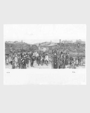 Madrid original art: Charcoal drawing. The Rag Procession on the Segovia Bridge by Mario Jodra, from the Viejo Madrid series. Signed, with Certificate of Authenticity.